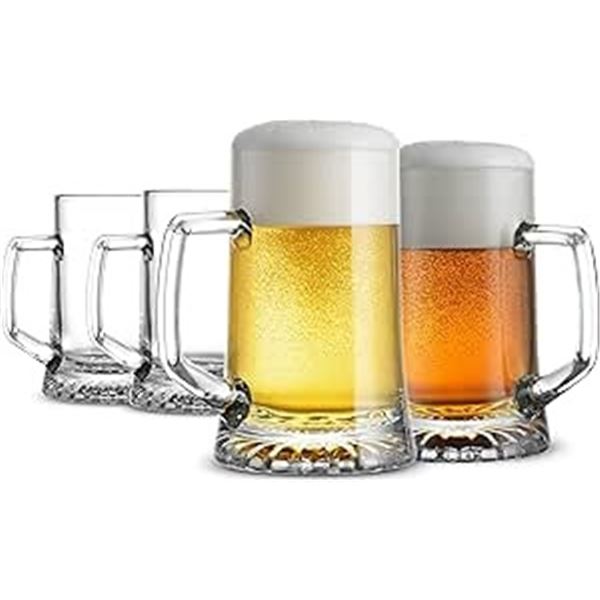 Lot of 1 Box of Bormioli Rocco 4-Pack Solid/Large Beer Glasses with Handles - 17.1/4 Oz Glass Steins