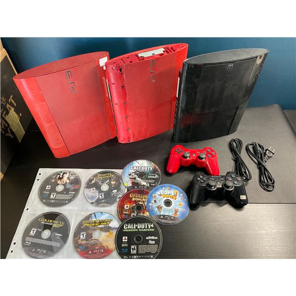 Lot of 3 Playstation 3 Consoles (2x Limited Edition Red) w/ 8 Games, Controllers & Cords - Used