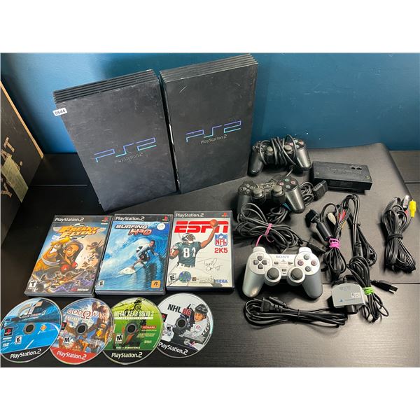 Lot of 2 Playstation 2 Consoles w/ 7 Games, Controllers, and Cords - Used