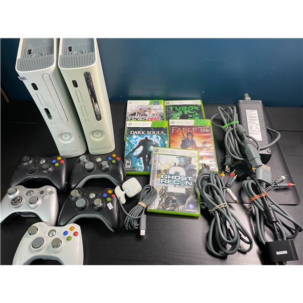 Lot of 2 Xbox 360 Consoles w/ 5 Controllers, 5 Games, and Cords - Used