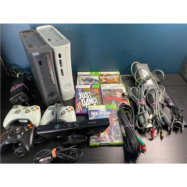 Lot of 2 Xbox 360 Consoles w/ 3 Controllers, 5 Games, and Cords - Used