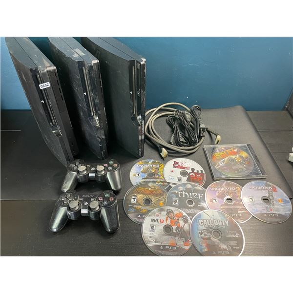 Lot of 3 Playstation 3 Consoles w/ 9 Games, 2 Controllers & Cords - Used