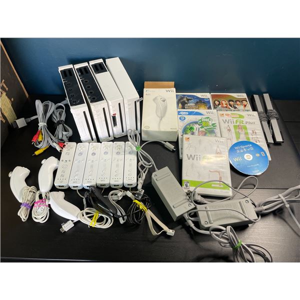 Lot of 4 Nintendo Wii Consoles w/ 6 Controllers, 6 Games, Cords, & Accessories - Used