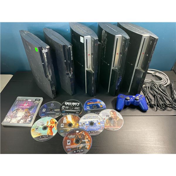 Lot of 5 Playstation 3 Consoles w/ 9 Games, Controller, and Cords - Used