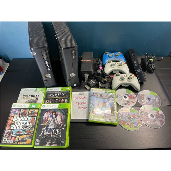 Lot of 2 Xbox 360 Consoles w/ 3 Controllers, 10 Games, Cords & Driving Wheel  - Used