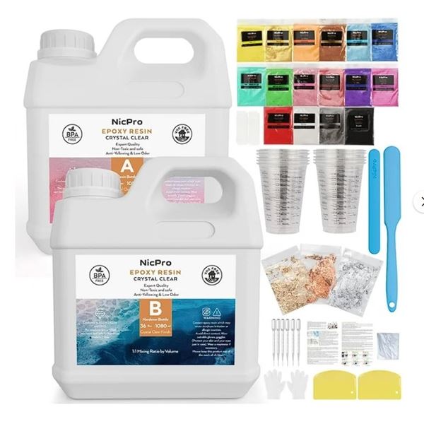 Lot of 1 NicPro 72oz Crystal Clear Epoxy Resin Kit w/ Mic Powders, Cups, etc. - NEW SEALED!