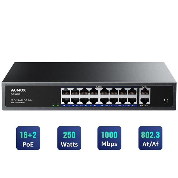 Lot of 1 Aumox 18-Port Ethernet Gigabit Switch with 16-Port PoE - BRAND NEW!