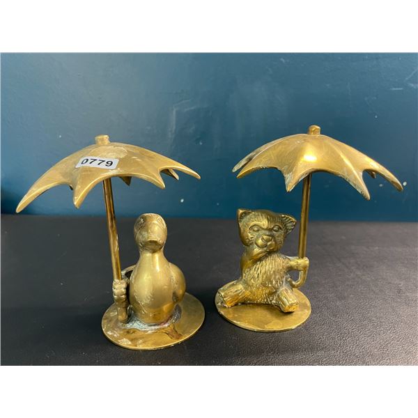 Lot of 2 Brass Ornaments - Duck & Bear w/ Umbrella