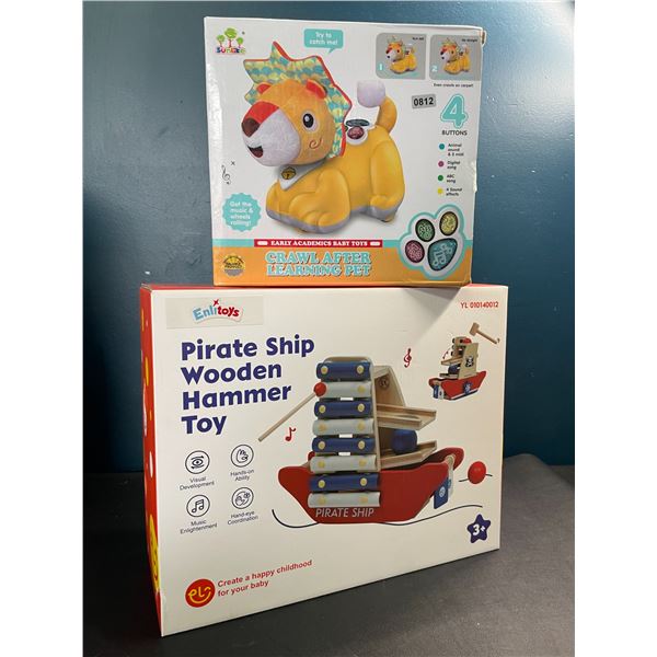 Lot of 2 Kids Toys - Brand New - Crawling Pet & Wooden Pirate Ship/Hammer Toy