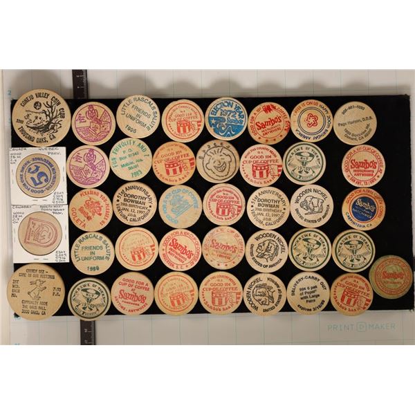 40 ASSORTED WOODEN NICKELS: SAMBO'S, KREWE OF