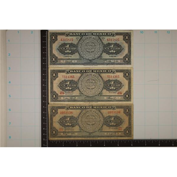 3 MEXICO PESO BILLS: 1943, 1967 & 1970 ONE BILLS