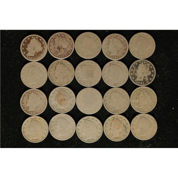 20 ASSORTED LIBERTY "V" NICKELS: 1883-1911