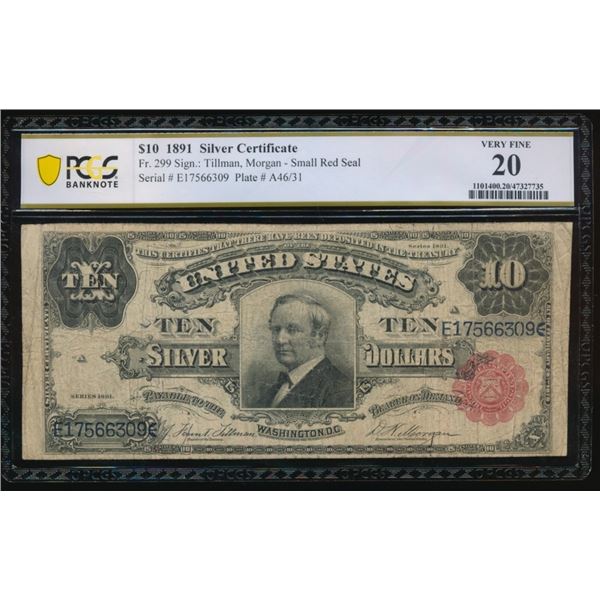 1891 $10 Tombstone Silver Certificate PCGS 20