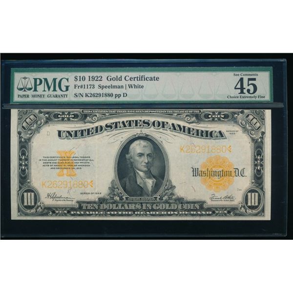 1922 $10 Gold Certificate PMG 45