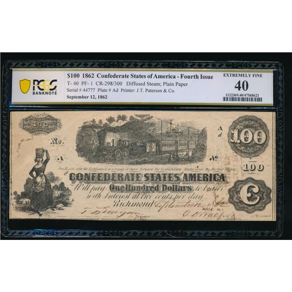 1862 $100 T-40 Confederate PCGS 40