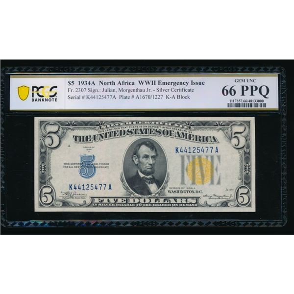 1934A $5 N Africa Silver Certificate PCGS 66PPQ