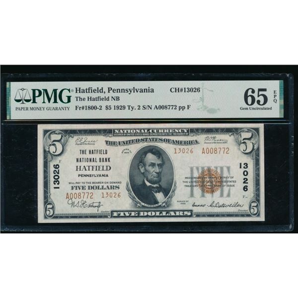 1929 $5 Hartfield PA National PMG 65EPQ