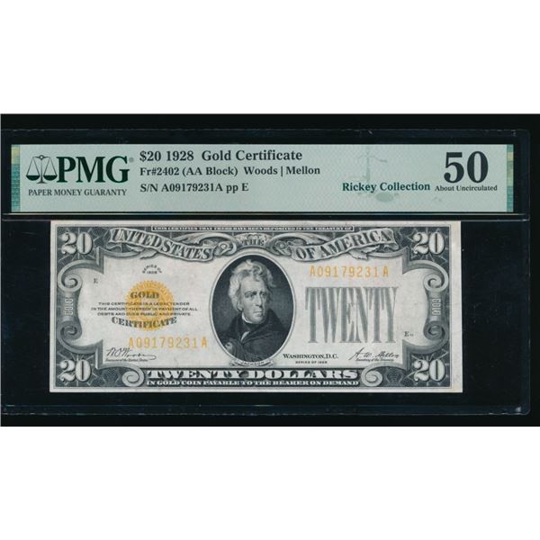 1928 $20 Gold Certificate PMG 50
