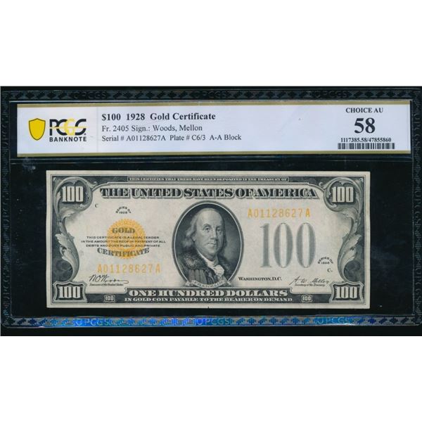 1928 $100 Gold Certificate PCGS 58