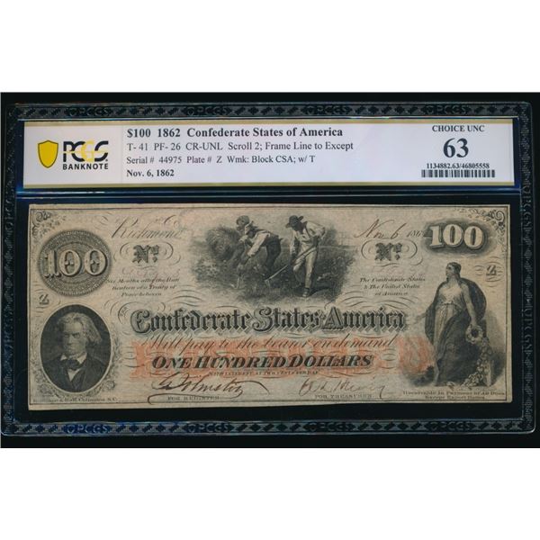 1862 $100 T-41 Confederate PCGS 63