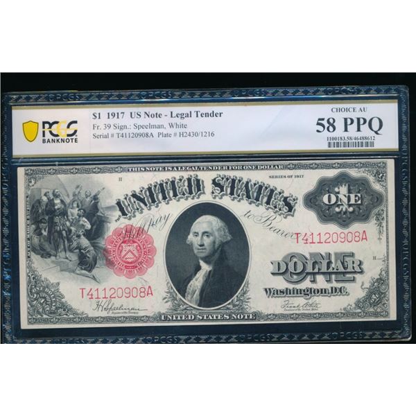 1917 $1 Legal Tender Note PCGS 58PPQ