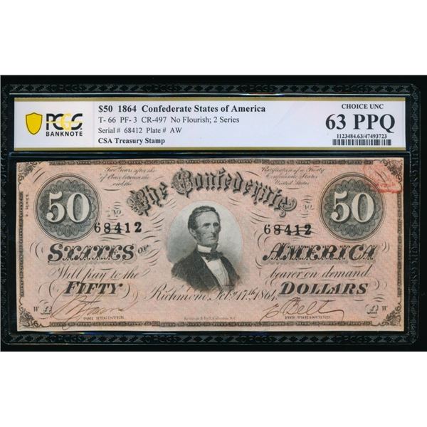 1864 $50 T-66 Confederate PCGS 63PPQ