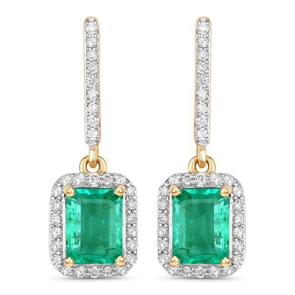 14KT Yellow Gold 2.08ctw Emerald and White Diamond Earrings