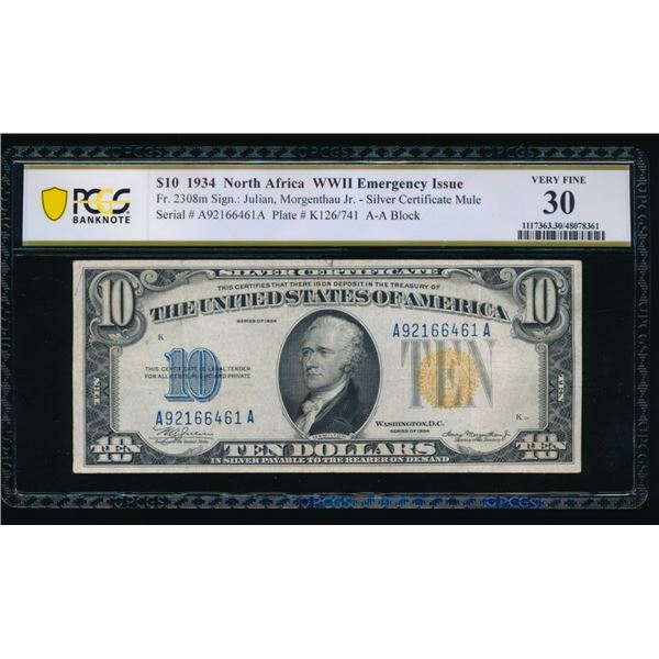 1934 $10 N Africa Silver Certificate PCGS 30