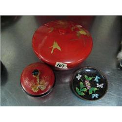 2 Red Lacquered bowls covered and 1 cloisonné tray (74)