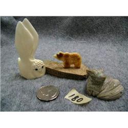 3 Pieces:   1 1/2" fossilized Ivory Bear,  2" Soapstone Box and 3" Ivory carving of Birdman (2)