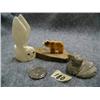 Image 1 : 3 Pieces:   1 1/2" fossilized Ivory Bear,  2" Soapstone Box and 3" Ivory carving of Birdman (2)