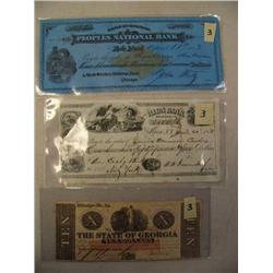 Lot of 3 items: check from People's National Bank of Illinois 1883, 1862 State of Georgia $10 bill, 