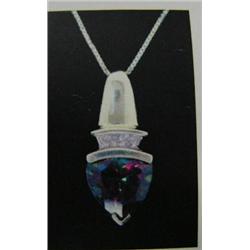 Mystic Fire Topaz and Diamond Pendant and Chain 10 K yellow gold- mystic fire topaz is trillion, fac