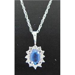 Sapphire and Diamond Pendant and Chain 14 K white gold- sapphire is oval, faceted, approx. 0.50 cara