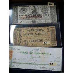 Lot of 3: 1 five dollar bill from The State of Georgia 1862;  one dollar bill from The State of Nort