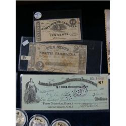 Lot of 3: 10 cents from The State North Carolina 8162; two dollar bill from The State of North Carol
