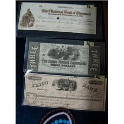 Lot of 3: Third National Bank of Cincinnati check dated 1864; State of North Carolina 3 dollar bill 