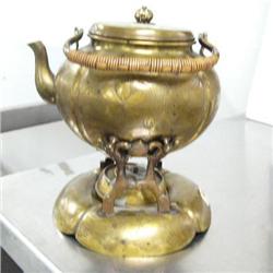 Brass Tea Pot beautifully engraved with Floral design with Stand and Heat Source (74)