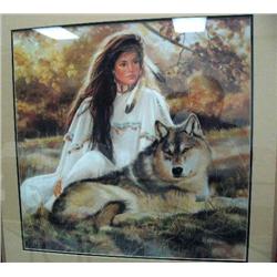Double-matted and framed signed Maija of Native American woman and a wolf