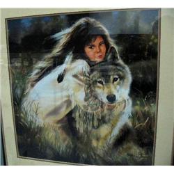 Double-matted and framed signed Maija of Native American girl and a wolf