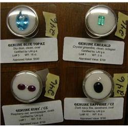 Lot of 4 gem stones: Genunine Blue Topaz- sky blue, clean, oval, 16 ct., appraised value $500; Genui