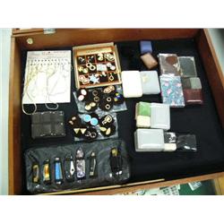 Lot of assorted jewelry and pocket knives- earrings, necklaces, approx. 30 jewelry cases with jewels