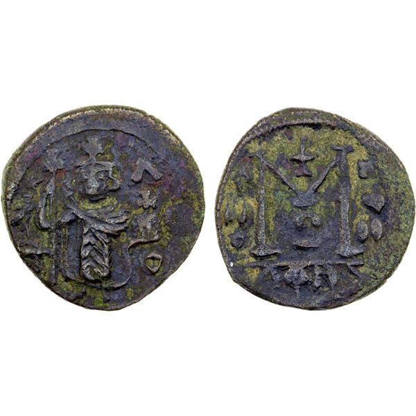 ARAB-BYZANTINE: Standing Emperor, ca. 670-690, AE fals (3.39g), Damascus, "year 17", VF