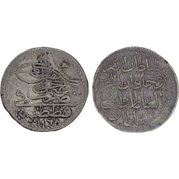 TURKEY: Osman III, 1754-1757, AR 5 para (2.92g), Kostantiniye, AH1168, VF-EF