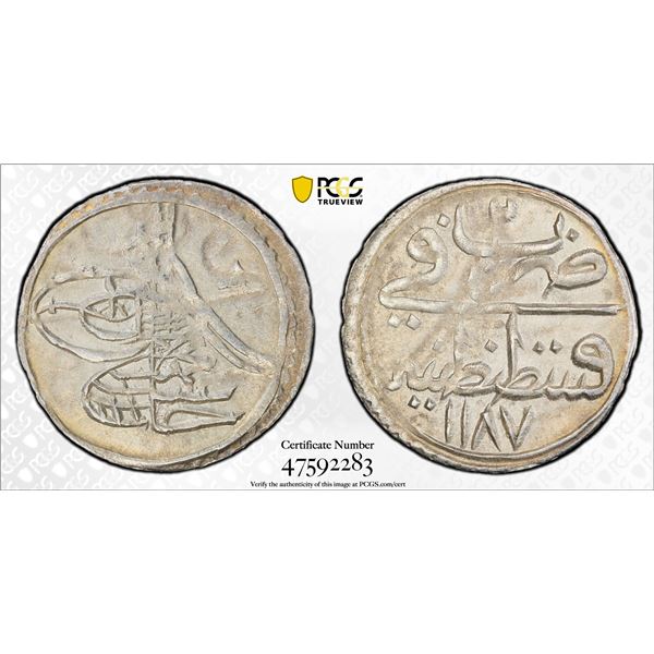 TURKEY: Abdul Hamid I, 1774-1789, AR para, Kostantiniye, AH1187 year 2, PCGS AU58