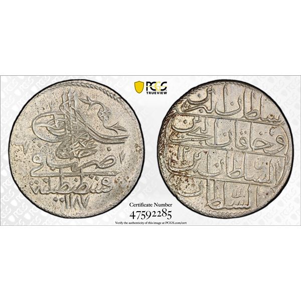 TURKEY: Abdul Hamid I, 1774-1789, AR kurush, Kostantiniye, AH1187 year 12, PCGS MS62