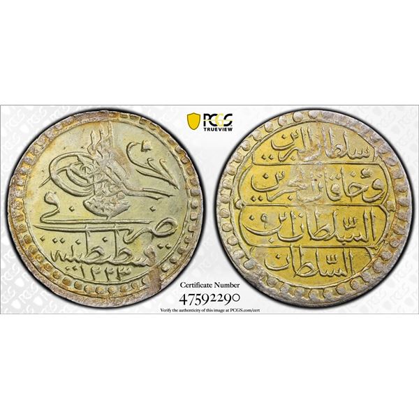 TURKEY: Mahmud II, 1808-1839, AR 10 para, Kostantiniye, AH1223 year 9, PCGS AU58