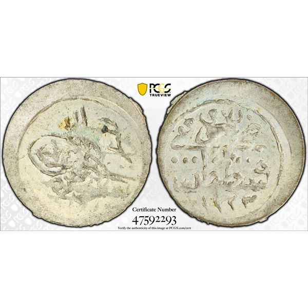 TURKEY: Mahmud II, 1808-1839, AR akce, Kostantiniye, AH1223 year 27, PCGS MS62