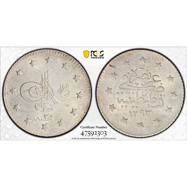TURKEY: Abdul Hamid II, 1876-1909, AR kurush, Kostantiniye, AH1293 year 30, PCGS MS63