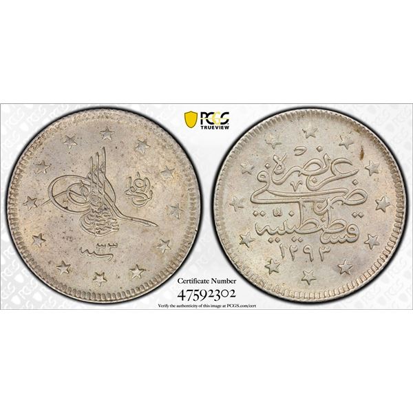 TURKEY: Abdul Hamid II, 1876-1909, AR 2 kurush, Kostantiniye, AH1293 year 33, PCGS MS63